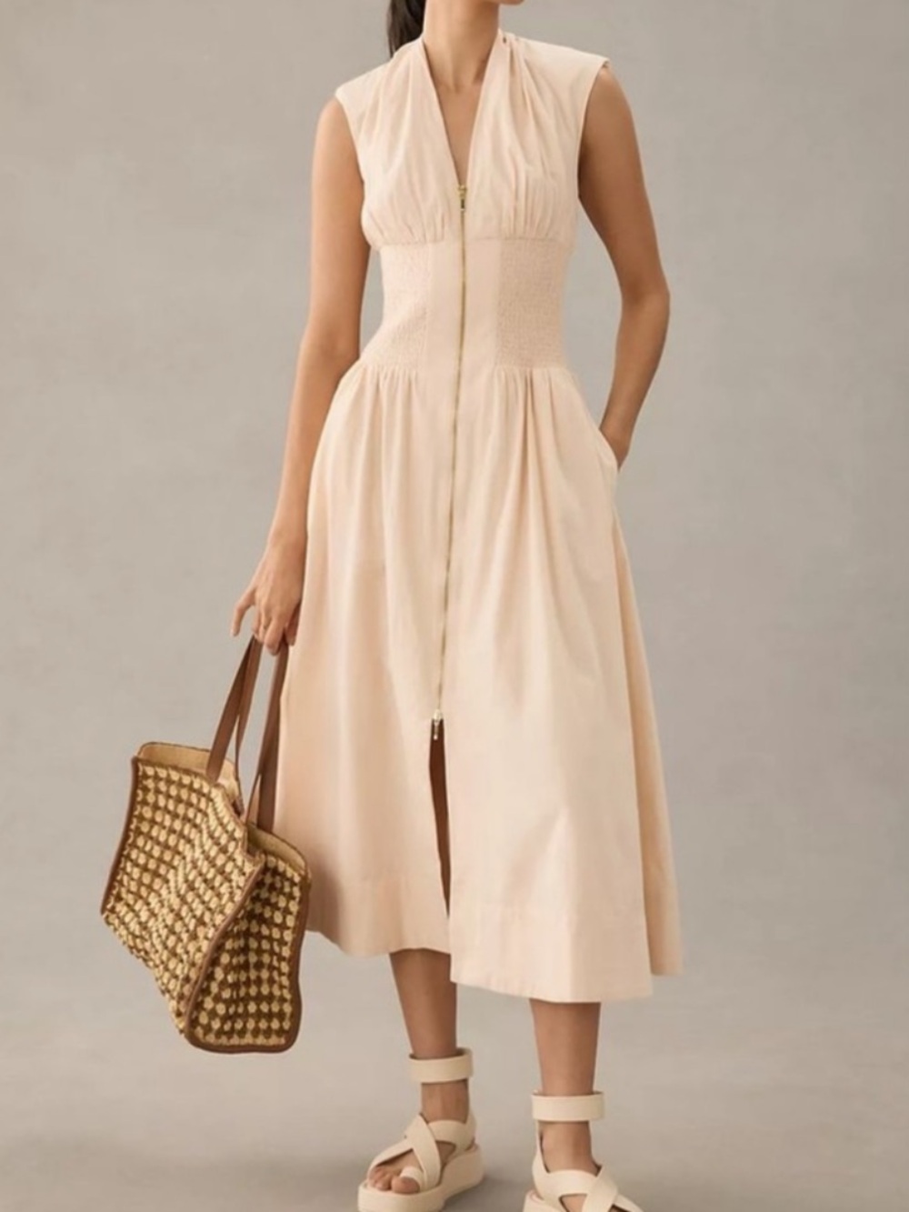 Anthropologie The Tommie Cap-Sleeve Smocked Front Zip Midi Dress Size Large